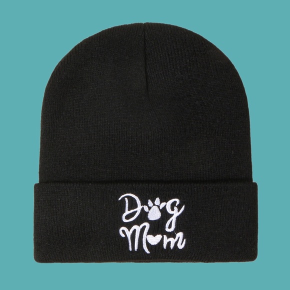 Accessories - “DOG MOM” Winter, black knitted beanie hat.